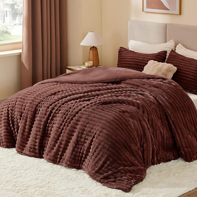 BEDELITE Fleece Twin Comforter Set -Super Soft & Warm Fluffy Hot Chotolate Bedding, Luxury Fuzzy Heavy Bed Set for Winter with 1 Pillow case