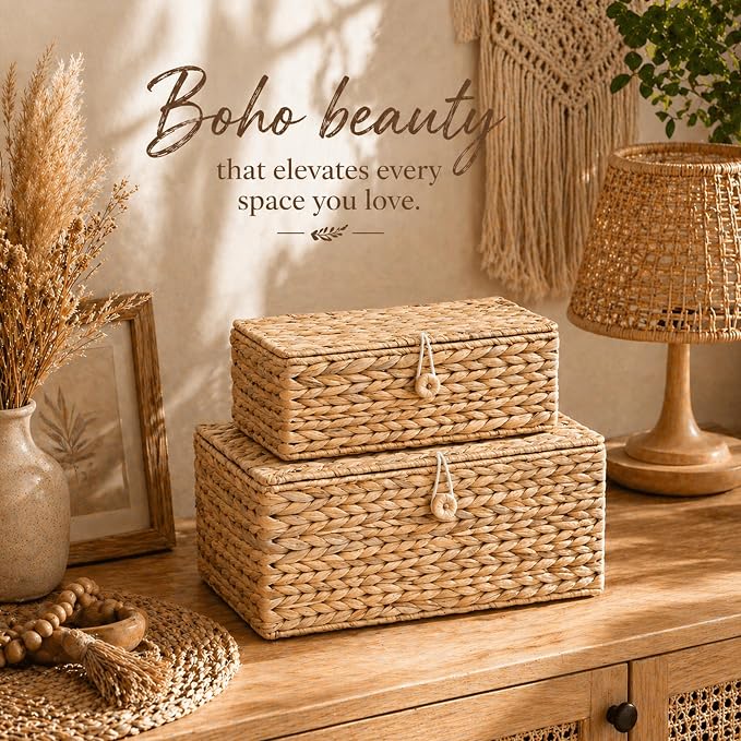 LUSYDECO Set of 2 Rectangular Wicker Storage Bins with Lid, Rattan Basket Decorative Boxes, Multipurpose Organizer Display Boxes for Shelf Organizer, Boho Rattan Box for Home Decoration - Image 3