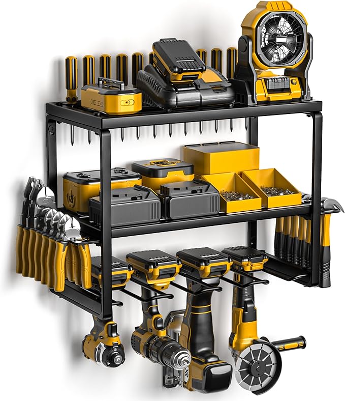 Spampur Power Tool Organizer Wall Mount, 3 Layers Storage Rack with 4 Drill Holders, Garage Storage Rack for Handheld, Metal Tool Shelf Utility Rack for Cordless Power Tools, Suitable for Giving men by Spampur