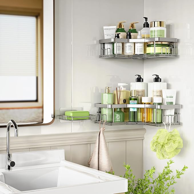 MAXIFFE 3 Pack X-Large Corner Shower Caddy with Soap Holder, Large Capacity Easy Install No Drilling Stainless Steel Sturdy Hold 40 LB Shower Organizer Shelves Rack for Family Renters Bathroom, Silver - Image 6