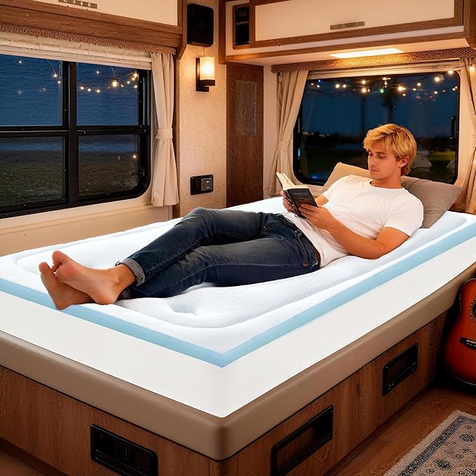 Hansleep RV Short Queen Mattress Pad Topper Memorry Foam, Camping Queen Foam Mattress Topper Viscose Derived from Bamboo, RV Mattress Pad Cover for Back Pain Relief, 60" x 75", White