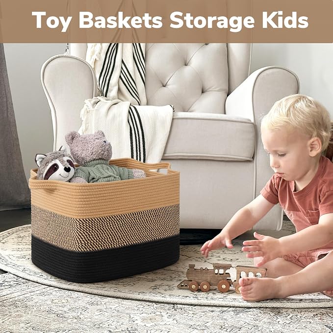 Goodpick Large Woven Basket 18" x 14" x 12" Cotton Rope Storage Baskets for Organizing, Rectangle Wicker Laundry Basket with Handles, Toy Baskets for Kids, Black & Jute - Image 4