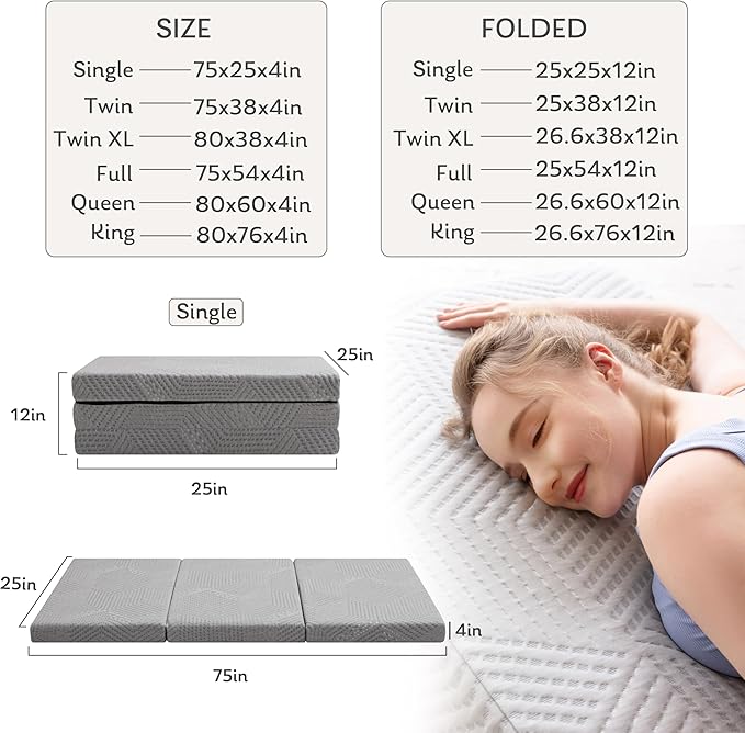 MLILY Tri-Fold Memory Foam Mattress Topper, 4 inch Queen Folding Mattress with Collapsible and Washable Cover, Travel and Guest Mat, 80"×60"×4", Grey