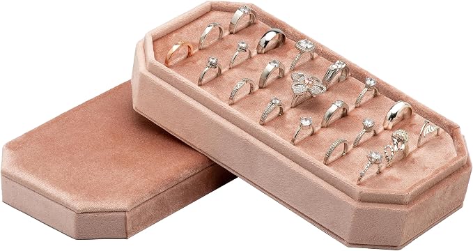 Velvet Ring Organizer Display Tray Jewelry Box Earring Holder Case for Wedding Birthday Christmas Day (Blush Peach) by COWFEX