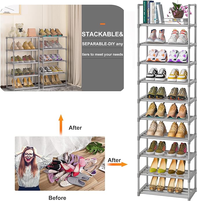 OYREL 10-Tier Metal Shoe Rack, Narrow Shoe Rack Organizer, Sturdy Shoe Shelf for Closets, Entryway, Bedroom, Garage - Silver - Image 6