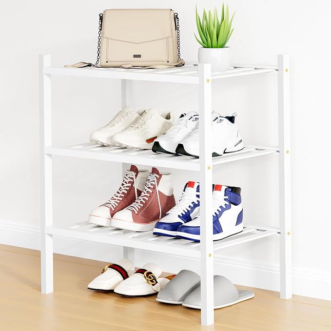 Smiry Shoe Rack, 3 Tier Small Bamboo Shoe Organizer, Stackable Free Standing Wooden Shoe Storage Shelf for Closet, Entryway, Front Door Entrance, White by Smiry
