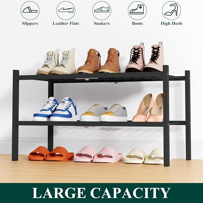 Smiry Shoe Rack, 2 Tier Thick Bamboo Shoe Organizer, Stackable Free Standing Wooden Shoe Storage Shelf for Closet, Entryway, Front Door Entrance, Black - Image 6
