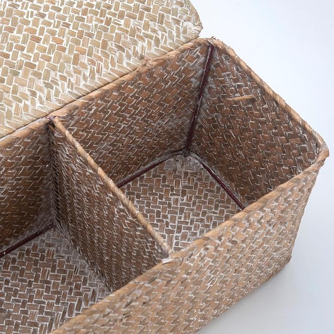 Whitewash Seagrass Tank Basket with Lid Woven Toilet Roll Storage Basket with Sections Rectangular for Organize Snack Toys (Large Compartment 16.5inch L x 5.5inch W x 5.5inch H) - Image 4