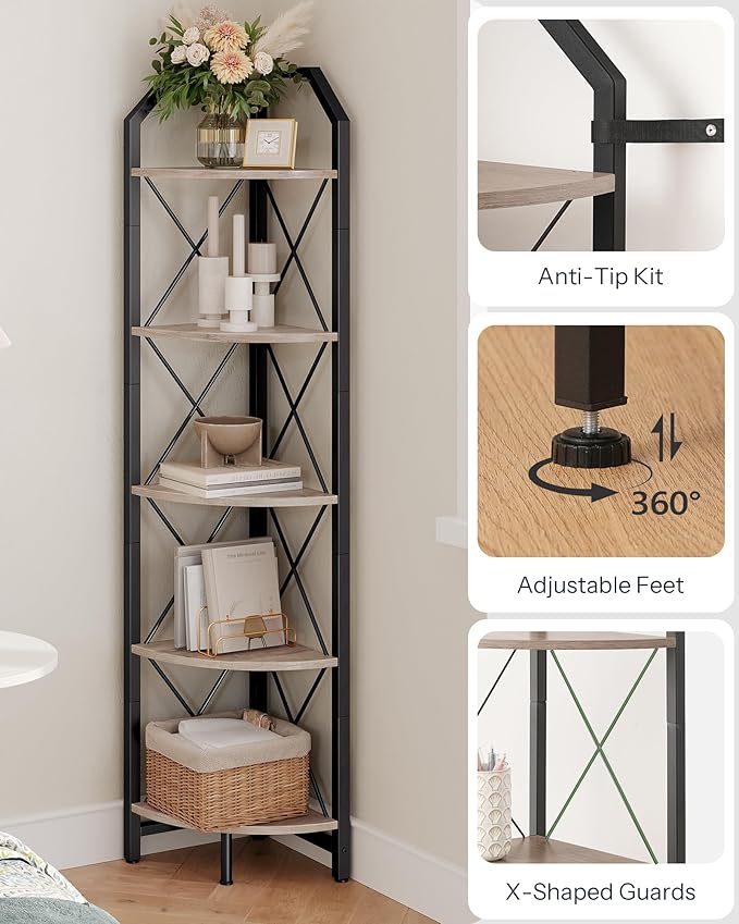 CHOEZON 5-Tier Corner Shelf, Industrial Corner Bookshelf, 59.4" Corner Storage Stand, Plant Stand Display Shelf, Corner Bookcase for Bedroom, Living Room, Home Office, Greige and Black TCJ10BG - Image 4