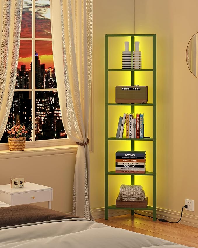TUTOTAK Corner Shelf with LED Light, 6-Tier Corner Bookshelf for Small Space, Narrow Display Corner Shelf Stand with Storage Rack, for Living Room, Bedroom, Olive Green BS05BOG006L - Image 3