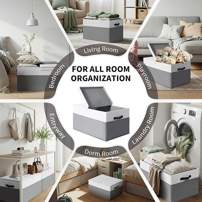 2 Pack EXTRA LARGE Blanket Storage Baskets with Lids, 22”x16”x12” Closet Organizers Bins for Clothes Towel/ Storage Box with Lid Handles/ Stackable Decorative Fabric Bins for Living Room, Nursery - Image 4