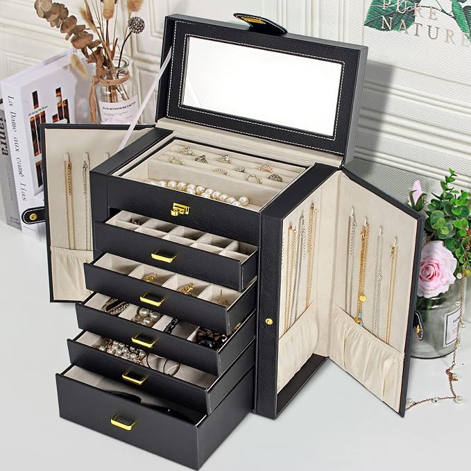 AKOZLIN Large Jewelry Box Organizer Functional with Big Mirror, Leather Jewelry Storage Case for Women Girls Ring Necklace Earring Bracelet Holder Organizer - Image 2