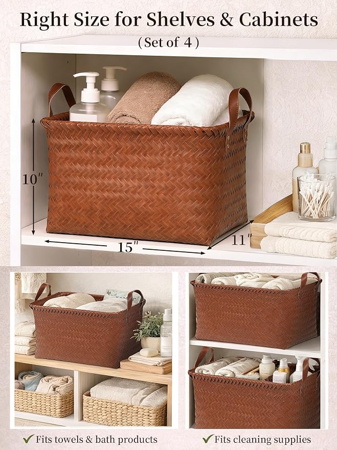 Hand Woven Baskets for Storage, 4Pcs Water-Resistant Wicker Baskets, Brown Wicker Storage Baskets for Shelves, Large Basket with Handle for Organizing, Clothes, Laundry, Blanket - Rectangular - Image 3