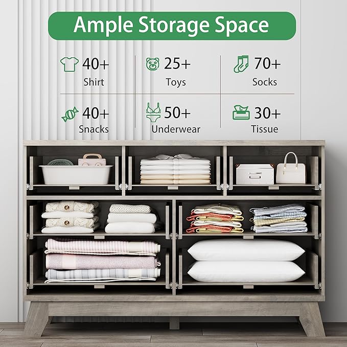 Xixini Fluted Dresser for Bedroom with 7 Drawers, 48" Wide Modern Chest of Drawers with Metal Handle, Wood Dresser TV Stand, Wooden Closet Clothes Storage Organizer for Living Room, Hallway, Grey