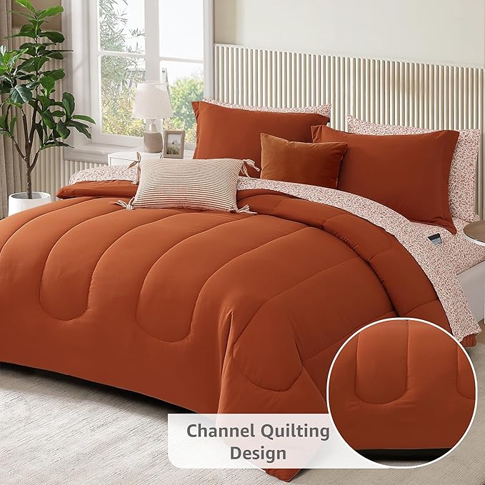 Monbix Full Comforter Set - 7 Pieces Burnt Orange Bed in a Bag Full Size Track Stitching Bedding Sets, All Seasons Comforter with Sheets, Pillowcases & Shams