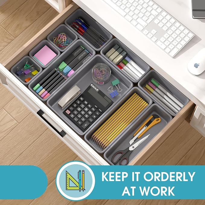 25 PCS Drawer Organizer Set, 4 Size Makeup Drawer Divider Organizer With Non-Slip Pads, Interlocking Plastic Storage Bins for Office,Jewelry Vanity,Gadgets, Bathroom,Kitchen, Grey - Image 4