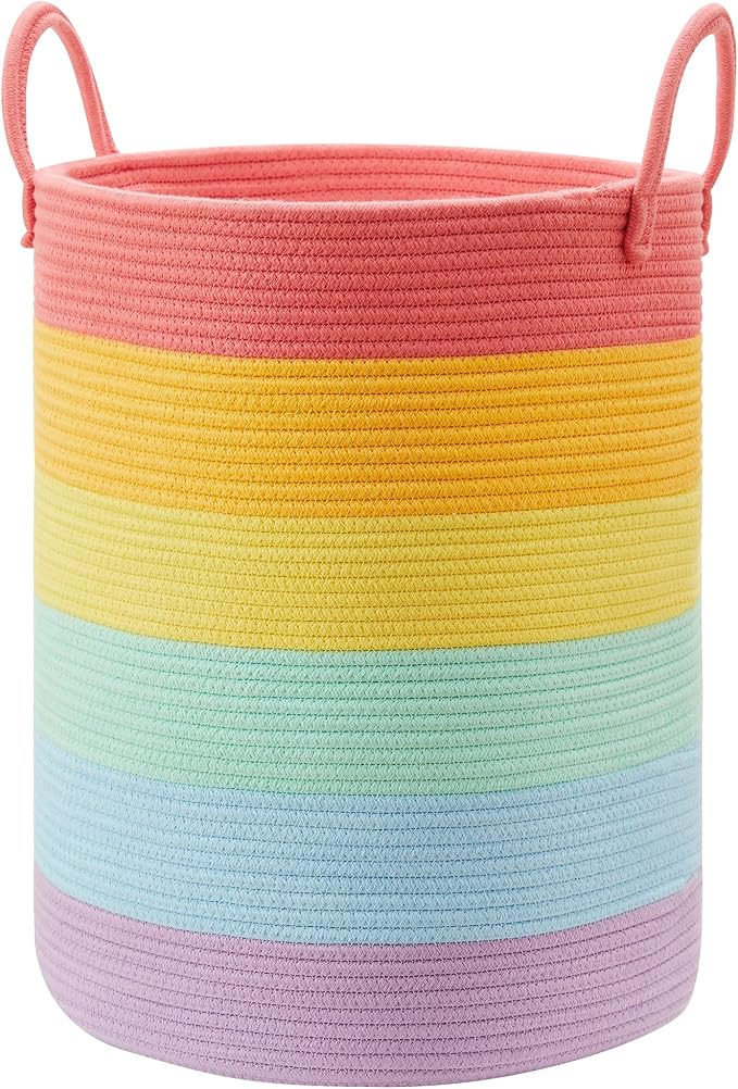 Rainbow 15"Dx20"H Baby Girls Kids Laundry Hamper Basket for Nursery Toddler Clothes Blanket Toy Storage Woven Rope Unicorn Hamper in Playroom Bedroom 60L Large by MOJOSCEND
