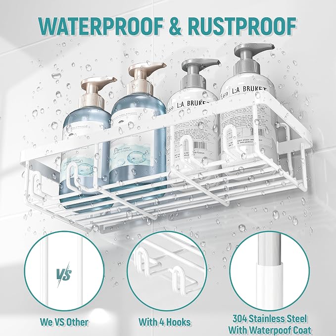 Liuoud 5 Pack Shower Caddy Organizer Rack Shelf for Inside Shower, Self Adhesive Wall Storage Basket Rustproof Stainless Steel Shampoo Holder Bathroom Accessory Decor Set, White - Image 4