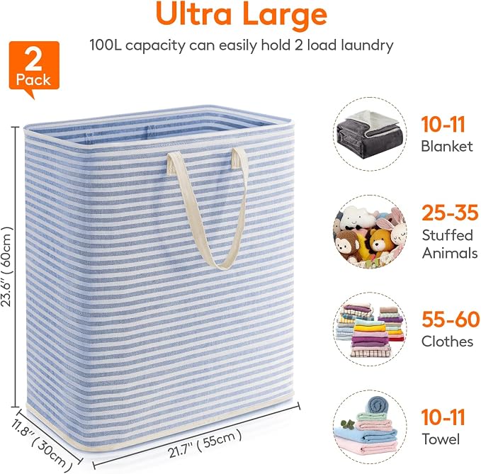 Lifewit 2 Pack Laundry Basket 100L Each, Collapsible Clothes Hamper with Reinforced Handles, Freestanding Waterproof Design for Bedroom and Laundry Room, Pink&Blue 200L Total - Image 4