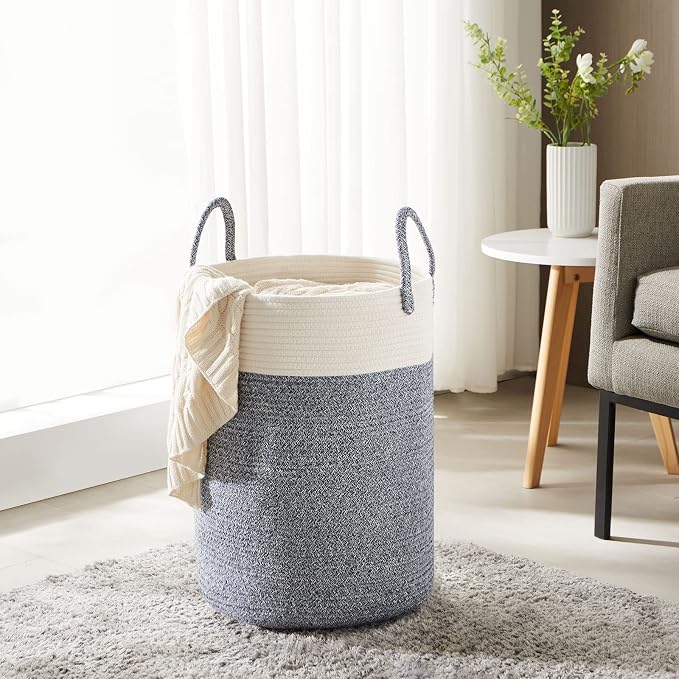 Cotton Rope Laundry Hamper by YOUDENOVA, 58L - Woven Collapsible Laundry Basket - Clothes Storage Basket for Blankets, Laundry Room Organizing, Bedroom Storage, Clothes Hamper – Blue - Image 5