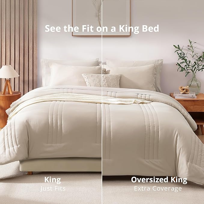 Monbix King Size Comforter Set - 7 Pieces Bed in a Bag King, Apricot Beige Bedding Sets with Comforter, All Seasons Comforter Bed Set with Sheets, Pillowcases & Shams