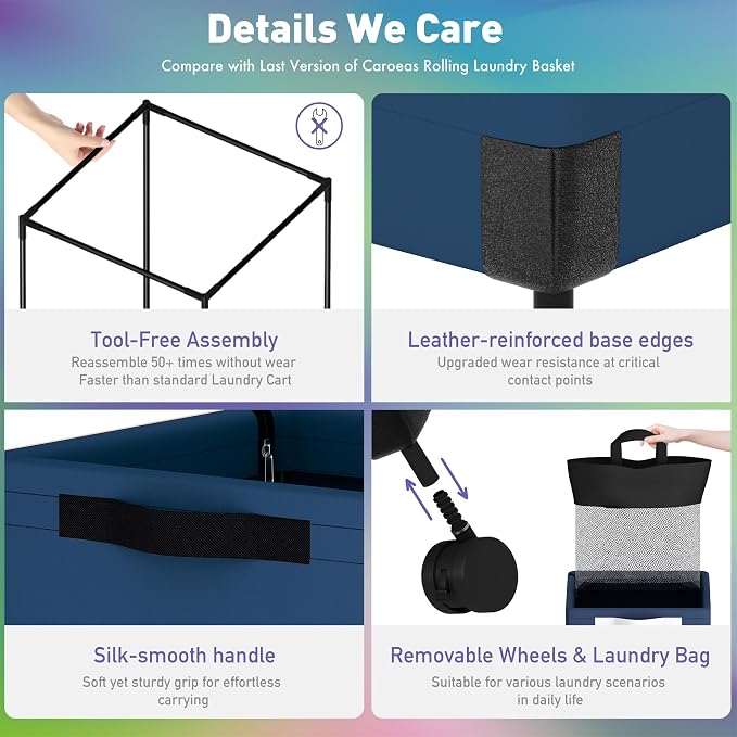 Caroeas Next-Gen 105L Matel Frame Laundry Basket with wheels, Heavy Duty Tall Rolling Laundry Hamper with Removable Wash Bag, Collapsible Freestanding Clothes Hamper (105L,Navy Blue,2Pack) - Image 5