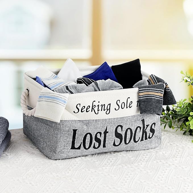 2 Pack Lost Socks Basket for Laundry Room, Fabric Missing Sock Holder for Single Sock Organization, Collapsible Lost Socks Bin Stockings Container, Farmhouse Laundry Room Decor and Accessories - Image 2