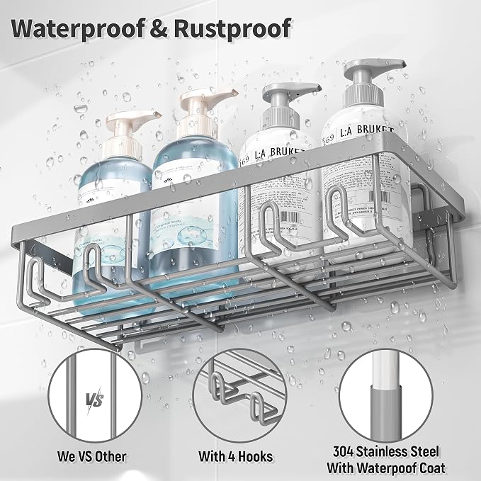 Liuoud 5 Pack Shower Caddy Organizer Rack Shelf for Inside Shower, Self Adhesive Bathroom Wall Storage Basket Rustproof Stainless Steel Large Capacity Shampoo Holder, Grey - Image 4