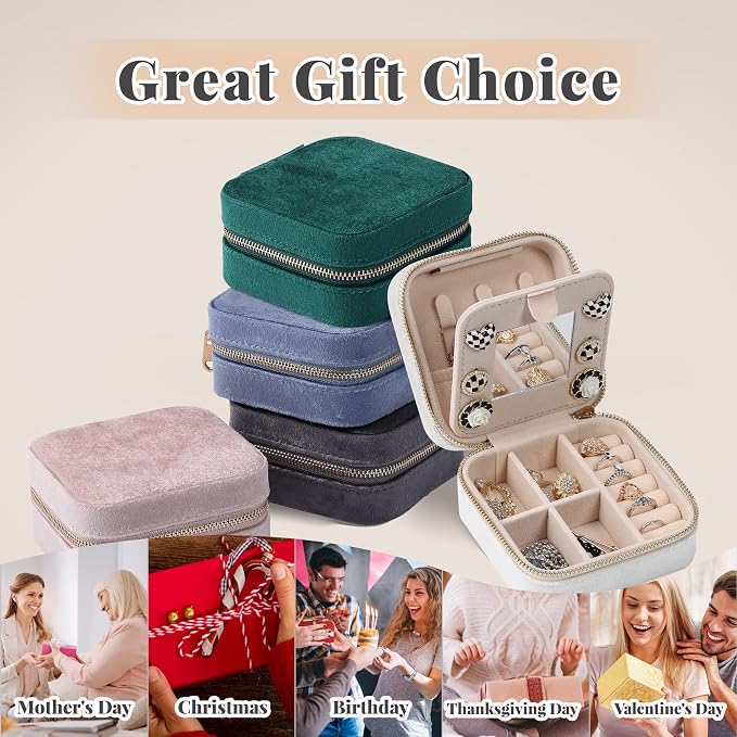 Dajasan Velvet Jewelry Box, Mini Travel Jewelry Case, Portable Travel Jewelry Organizer with Mirror for Birthday Mother's Day Valentine's Day(Beige) - Image 6