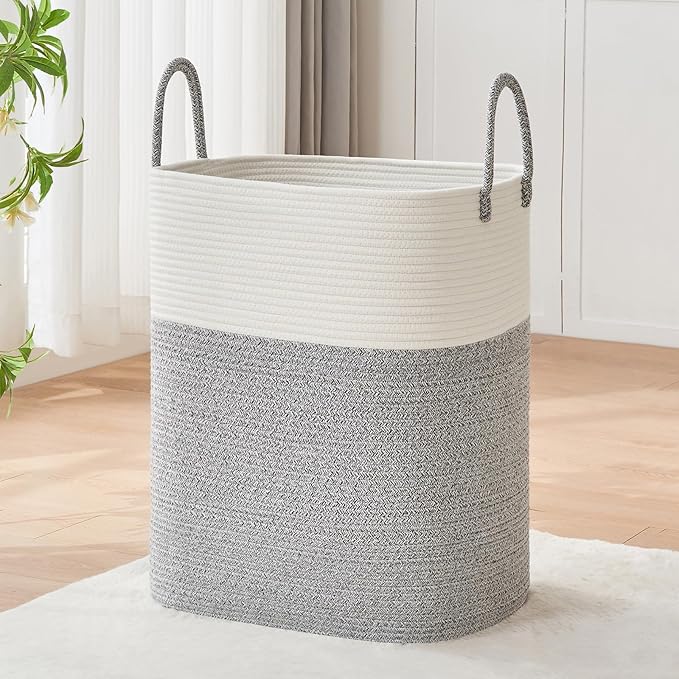 AINUOQI Laundry Basket with Handles - Blanket Basket & Hampers for Bedroom Aesthetic, Laundry Hamper & Blanket Storage for Living Room, Clothes Hamper, Tall, Large 17" x 14" x 24”, White & Grey by AINUOQI