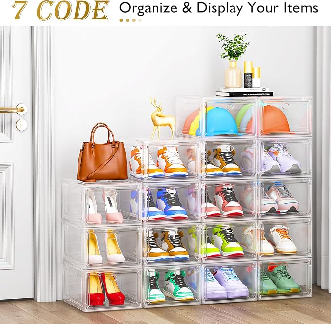 7 code Large Clear Shoe Boxes Organizer【Thicker Material】 Stronger Shoe Box with Magnetic Door, Stackable Shoe Storage Box for Closet, Foldable Space-Saving Storage Bins Shoe Cabinet, White 9 Pack - Image 5