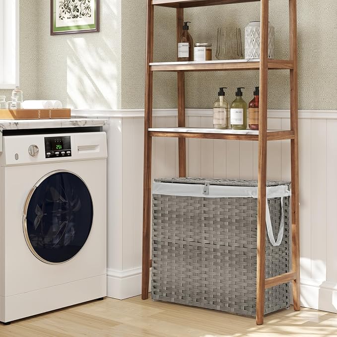 DUMOS Wicker Laundry Basket with Lid, 110L Woven Laundry Hamper with Handles, Foldable Rattan Clothes Hamper with Removable Liner & Sturdy Steel Frame, Dove Gray - Image 8