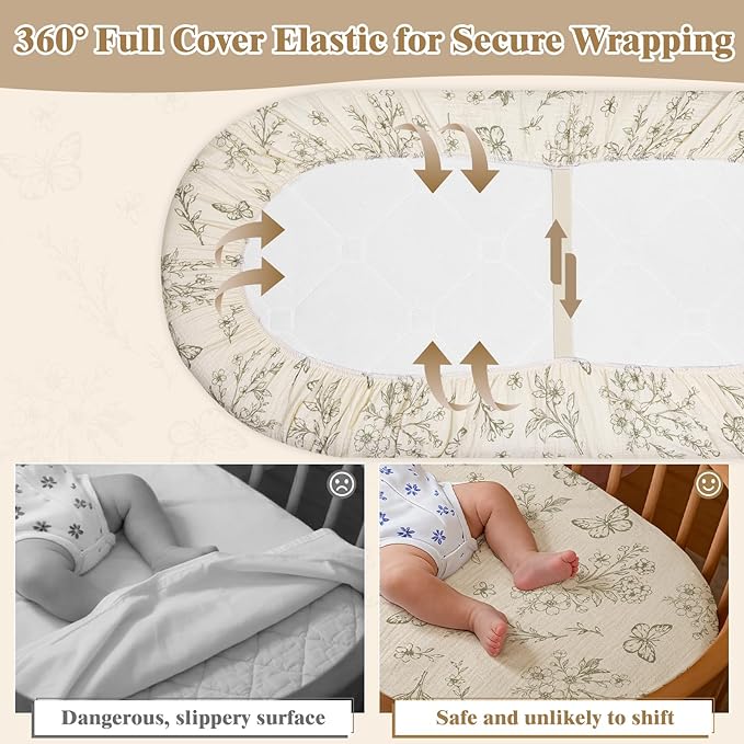 Basumee Muslin Bassinet Sheets for Baby Girl Boy 2 Pack Soft Breathable Baby Bedside Bassinet Fitted Sheets with Bottom Elastic Band Mattress Cover for Rectangle Oval Hourglass Bassinets