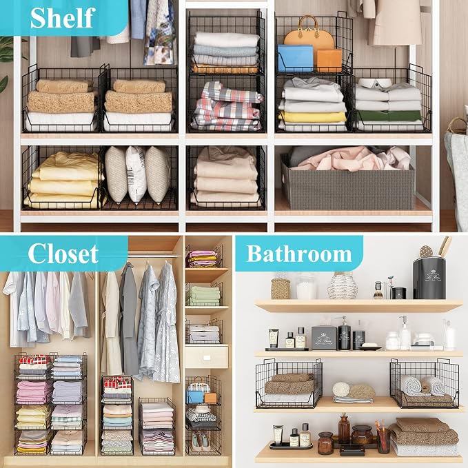 Jakyitvi Stackable Closet Organizers and Storage Bins 4 Pack, Sturdy Metal Clothes Storage Container for Clothes Pants Sweaters, Black Folded Drawer Shelf Organizer for Closet Wardrobe - Image 8