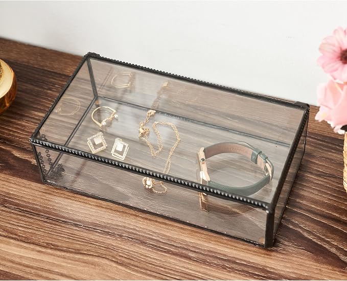 Vintage Glass Jewelry Box Keepsake Box with Hinged Lid, Great for Storage Trinket/Jewelry/Card/Photo, Black Decorative Box for Dresser-15612EX - Image 5