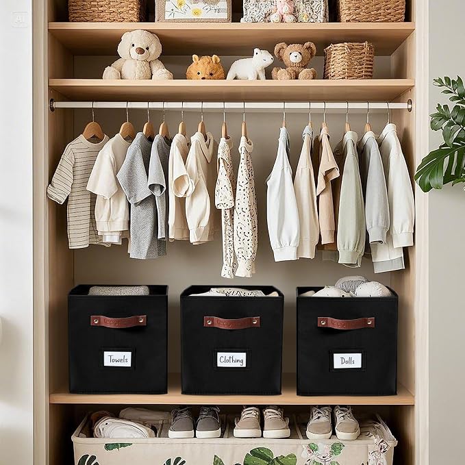 DECOMOMO Storage Bins, Cube Storage Bin with Labels, Fabric Storage Cubes for Shelves (10.5" x 11" / 6pcs, Black) - Image 7