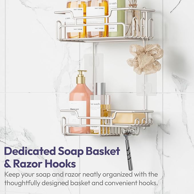 SWTYMIKI Bathroom Shower Caddy Hanging - Extended Length 2 Tier Rustproof Over Shower Head Organizer, No Drilling Bathroom Shelf with 14 Hooks & Soap Holder, Anti-Swing Rack, Sand Nickel - Image 5