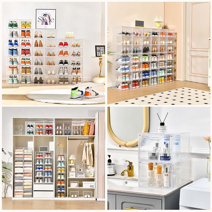 12 Pack Thicken & Sturdy Clear Shoe Storage Organizer with Magnetic Door, Shoe Boxes Clear Plastic Stackable for Closet, Shoe Rack for Sneaker Boot Container, Shoe Cabinet Fit up to US Size 12 - Image 5