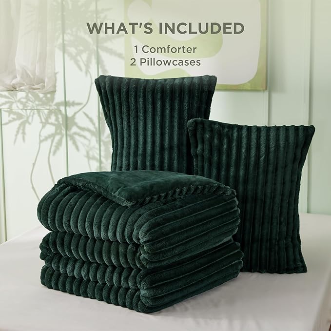 Bedsure Comforter Set Queen Size - GentleSoft™ 3 Pieces Double-Side Fleece Fluffy Emerald Comforter Set, Cozy Striped Room Decor Aesthetic, Luxury Bedding Queen Size, 2 Pillowcases, 90x90 Inches