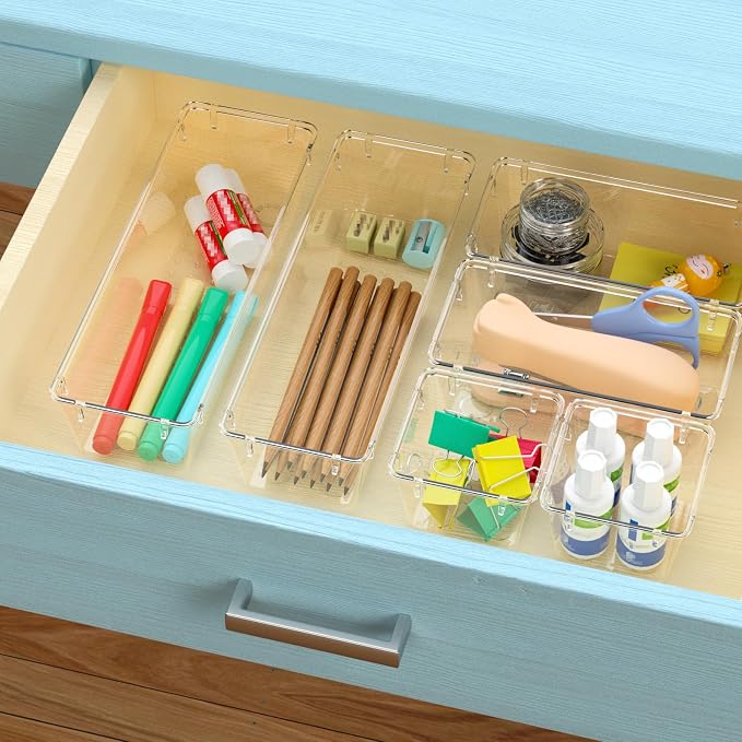 WOWBOX 6 Pack Clear Drawer Organizer Set, Acrylic Drawer Storage Trays, Storage Bins for Makeup, Cosmetics, Jewelries, Utensils, Gadgets, Office - Image 5