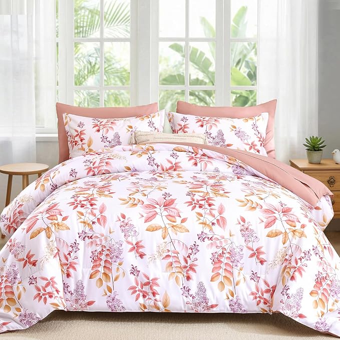 Cottolester Pink Comforter Set King Size Floral 7-Piece Bedding Set,Pink Purple Botanical Comforter Set with Pillowcases,Soft Microfiber Complete Bedding Sets for All Season