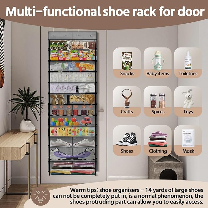 PAULONE 12 Pocket Over the Door Shoe Organizer,Reusable Breathable Large Mesh Bag Men's & Women's Sneaker Organizer,Shoe Organizer for Kids,Hanging Shoe Storage Hanging Bag (Grey) - Image 6