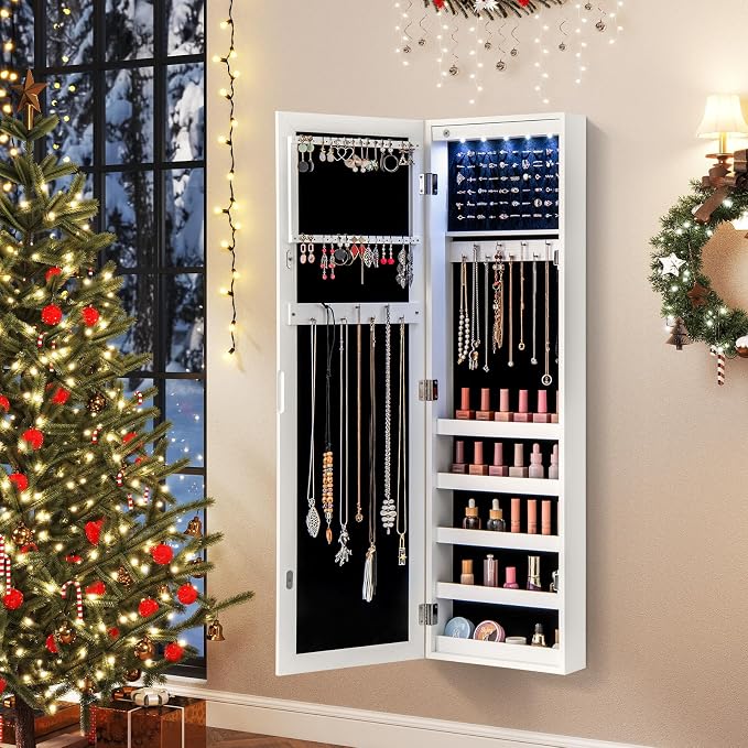 Giantex Wall or Door Mounted Jewelry Cabinet with Full Length Mirror, Over The Door Jewelry Armoire Organizer with Lights, Large Storage with Necklace Hooks, Earring Slots & Shelves (White) - Image 2