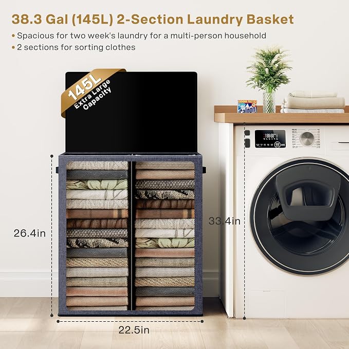 SOLEDI Large Double Laundry Hamper with Lid, Collapsible Clothes Hamper 2 section with Removable Bags, Space-Saving Laundry Basket for Bedroom, Dorm, College - Image 2