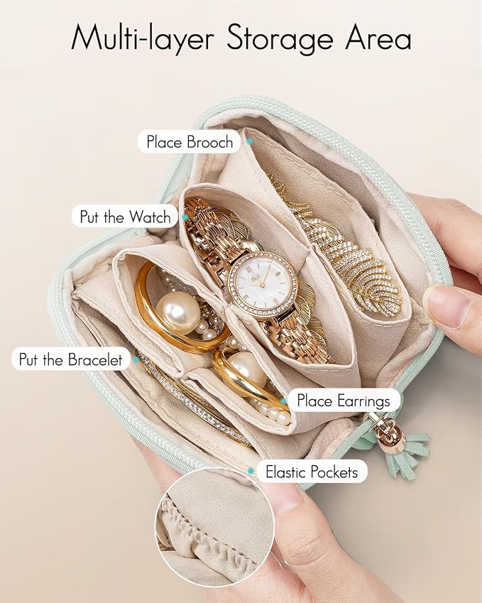 VLANDO Small Jewelry Travel Case,Jewelry Pouch Bags with Zipper,Velvet Jewelry Organizer Storage Bag for Bracelet Rings Earring Travel Essentials Gifts for Women Girl-Mint Green - Image 2