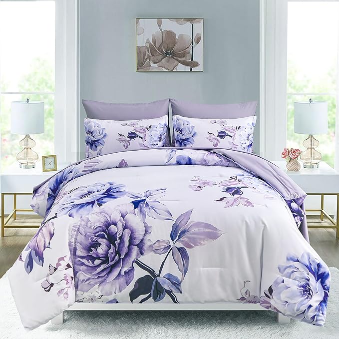 Drucon Purple Floral Comforter Set Queen, 7 Pieces Bed in a Bag Botanical Floral Comforter Soft Microfiber Purple Bedding Set Queen Size Bed with Sheet and Pillowcase