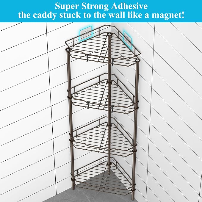 HuggieGems 4 Tier Floor Standing Corner Shower Caddy Organizer Shelf with Hooks, Bathroom Shelves Stand Rack, Bronze - Image 2