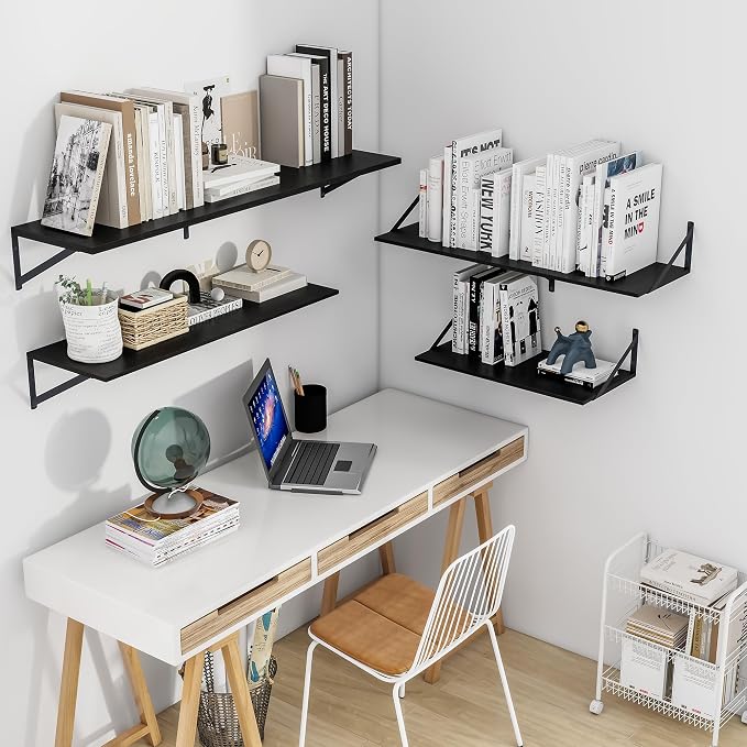 Heimlove Black Deep Floating Shelves for Wall, 36W x 12D Wood Wall Shelves Set of 2, Wide Floating Bookshelf for Living Room, Kitchen, Office, Bedroom and Decor Storage, with Metal Bracket - Black - Image 2