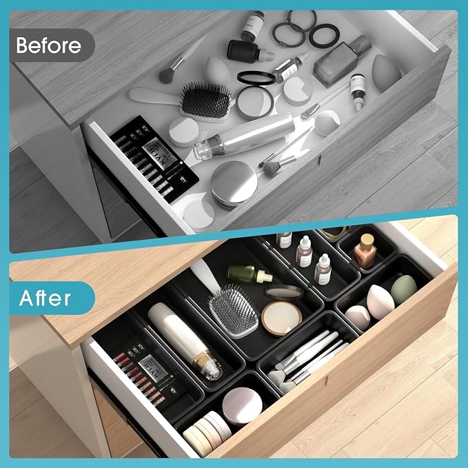 33 PCS Drawer Organizer Set, 4 Size Makeup Drawer Divider Organizer With Non-Slip Pads, Interlocking Plastic Storage Bins for Office,Jewelry Vanity,Gadgets, Bathroom,Kitchen, Black - Image 7
