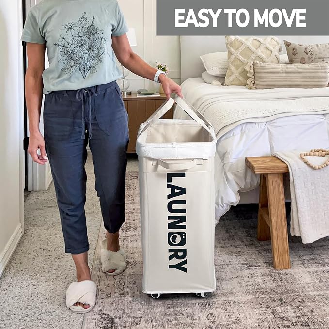 Goodpick Laundry Baskets with Wheels and Handle, 2-Pack 75L Collapsible Laundry Baskets, Clothes Laundry Basket with Removable Wash Bags for Corner Dorm, White Rolling Laundry Hamper - Image 5